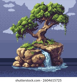 pixel art game level background. Elements for mobile game, 8 bit game in pixel art style. Tree in pixel art style, medieval elements. Background for game. Level vector background
