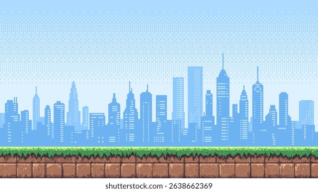 Pixel art game level background with blue cityscape skyline, green grass. Retro gaming scene. Vector graphics.