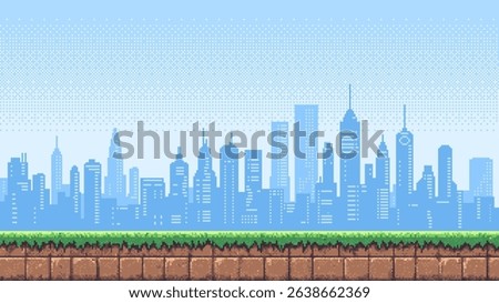 Pixel art game level background with blue cityscape skyline, green grass. Retro gaming scene. Vector graphics.
