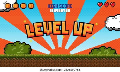 Pixel art game level up background.Video game level up background. Retro 8 bit video game interface with You Win text, computer game level up background.	
