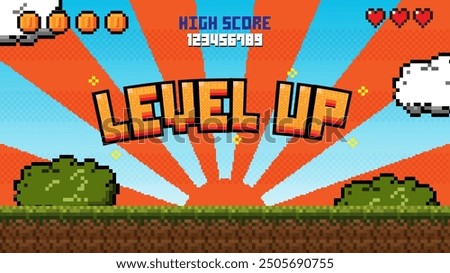 Pixel art game level up background.Video game level up background. Retro 8 bit video game interface with You Win text, computer game level up background.	