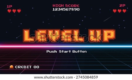 Pixel art game level up background.Video game level up background. Retro 8 bit video game interface with You Win text, computer game level up background.	