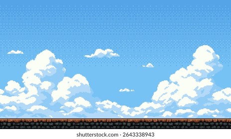 Pixel art game level with blue sky and white clouds. Retro 8 bit background for video game design, mobile app, and cartoon.