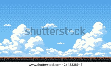 Pixel art game level with blue sky and white clouds. Retro 8 bit background for video game design, mobile app, and cartoon.