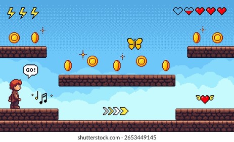 Pixel art game level with a boy character on brick platforms. Retro vintage arcade video game screen interface.