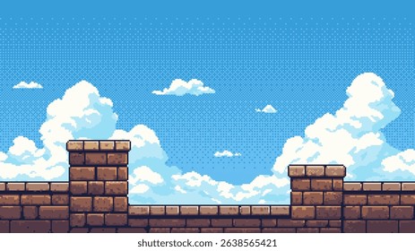 Pixel art game level with a brick wall and a cloudy sky background. Retro 8 bit asset for classic arcade adventure game. vector graphics.