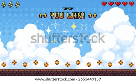 Pixel art game level with a bright sky, clouds, and a "You Win!" message. For video game elements or success concept.