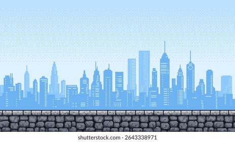 Pixel art game level with a city silhouette and a stone wall platform. Retro video game background with cityscape.