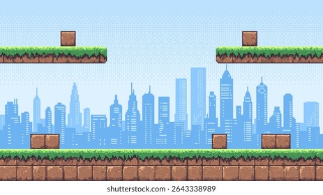 Pixel arte nível de jogo com um fundo silhueta cidade. Design retrô da plataforma de videogames para criatividade e entretenimento digitais.