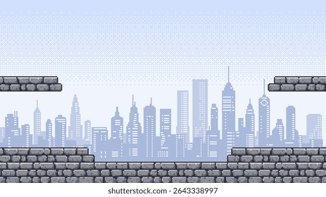 Pixel art game level with a cityscape background. Video game platformer for entertainment. Retro digital world scene, platform game blocks.