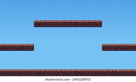 Pixel art game level. A digital sky with floating brown rock platforms for a creative old video game background.