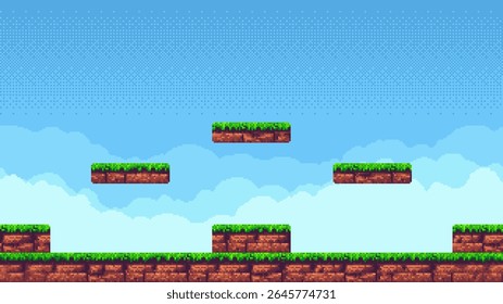 Pixel art game level with floating ground blocks and blue sky background. Retro 8-bit platforming design for digital game development.