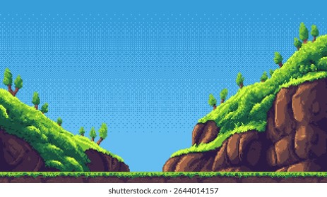 Pixel nivel de juego de arte con un paisaje verde y cielo azul. Video Paisaje de bosque digital para el diseño de juegos retro y activo gráfico.