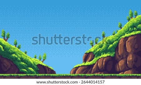 Pixel art game level with a green landscape and blue sky. Digital forest scenery for retro video game design and graphic asset.