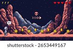 Pixel art game level with a male astronaut collecting coins on a red alien planet. Retro video game concept.