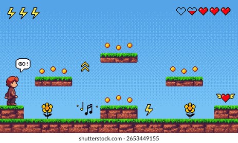 A pixel art game level with a man character standing on a platform, showing coins, power-ups, and game interface elements