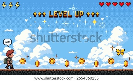 Pixel art game level with a man and coins. Retro video game screen with level up message and bright blue sky.