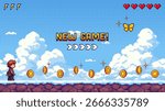 A pixel art game level showing a boy character with coins, health hearts, and a new game message.