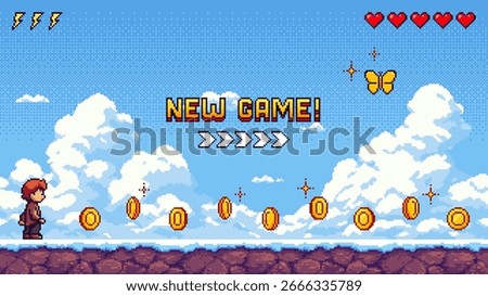 A pixel art game level showing a boy character with coins, health hearts, and a new game message.