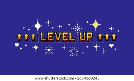 Pixel art game level up sign with golden text and red arrows. Retro video gaming concept for success.