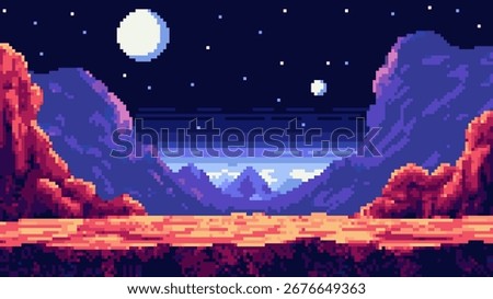 Pixel art game level with a stylized alien landscape. Retro arcade design for a fantasy or science fiction video game background.