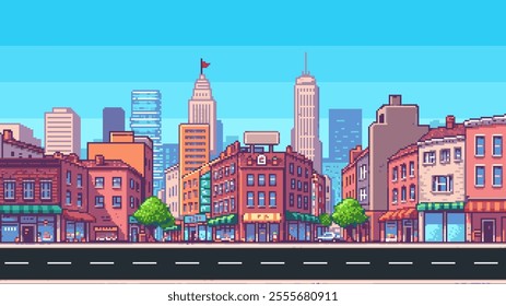 pixel art game level vector background, 8 bit cityscape, day light city arcade video game, pixelated city with skyscrapers, downtown landscape