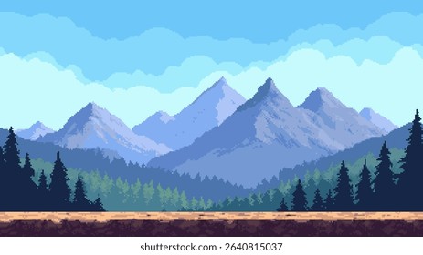Pixel art game level vector with mountain background. Platformer game scene. Adventure gaming environment design for video game.