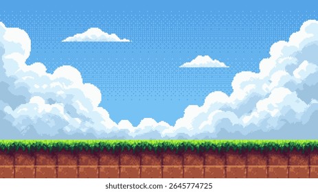 Pixel art game level vector with blue sky, white clouds, and green grass on brown earth. Retro gaming background