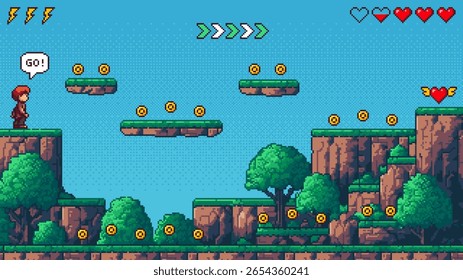 Pixel art game level vector with fantasy hero character on natural landscape. Adventure platform environment.