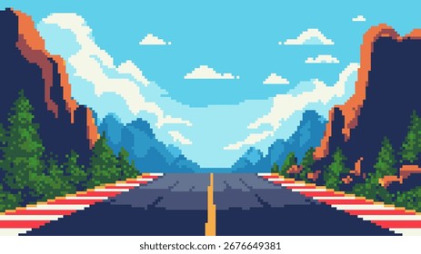 Pixel art game level vector showing a vast road leading through mountain and forest scenery under a bright sky.