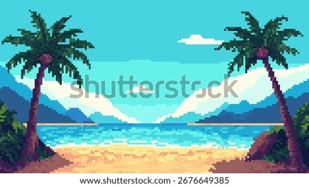 Pixel art game level vector displaying a tropical beach with palm trees, ocean, sand, and mountains background. Video game background.
