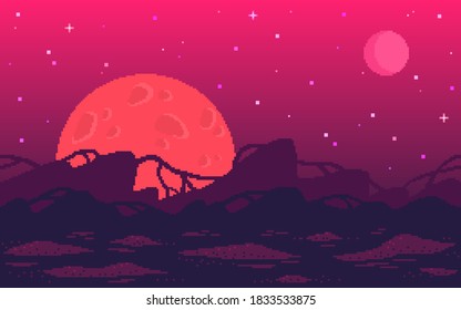 Pixel art game location. Alien red planet with strange plants. Seamless vector background.