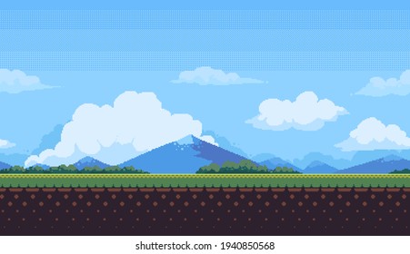 Pixel Art Game Location Beauty Sky Mountain Summer Background For Arcade Games 