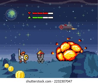 Pixel art game location, cosmic area, unknown planet surface. Warrior and alien, space scene with mountaines, stones and retro gaming pixelated interface. Spacemen fighting with foreign planet monster