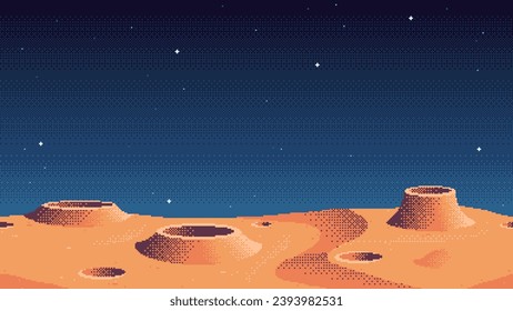 Ubicación del juego de arte de Pixel. Área cósmica, superficie planetaria plagada de cráteres. Fondo vectorial impecable.