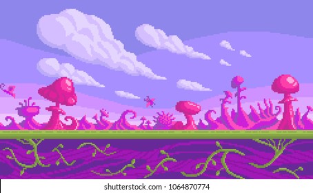 Pixel art game location. Cute pink mushrooms area. Seamless vector background.