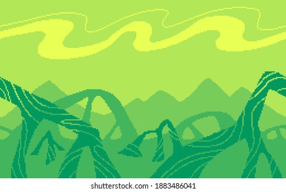 Pixel art game location. Dangerous plants on an alien planet. 8-bit retro style backdrop. Seamless vector background.