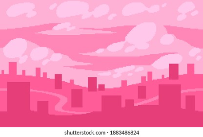 Pixel art game location. Dream town with fluffy clouds. 8-bit retro style backdrop. Seamless vector background.