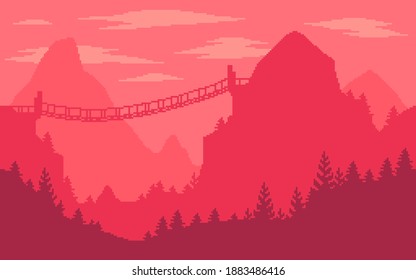 Pixel art game location. Extreme dangerous mountains with a bridge. 8-bit retro style backdrop. Seamless vector background.