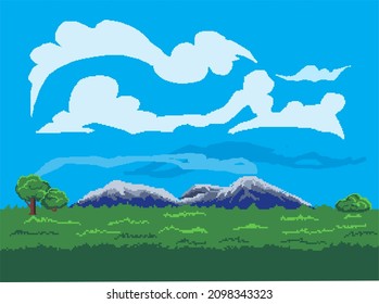 Pixel art game location. grass, trees, sky, clouds vector illustration
