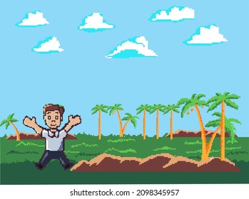 Ubicación del juego de arte de píxeles césped, árboles, cielo, nubes, ilustración del vector de caracteres