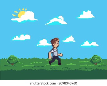 Pixel art game location grass, trees, sky, clouds, character vector illustration
