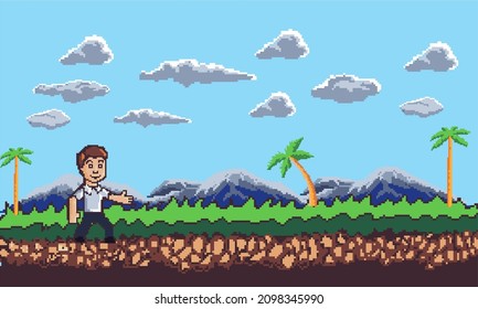 Pixel art game location grass, trees, sky, clouds, character vector illustration