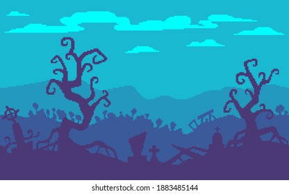 Pixel art game location. A haunted forest with graves. 8-bit retro style backdrop. Seamless vector background.