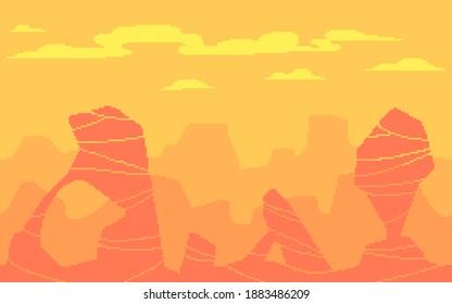 Pixel art game location. Hot desert with stones different shapes. 8-bit retro style backdrop. Seamless vector background.