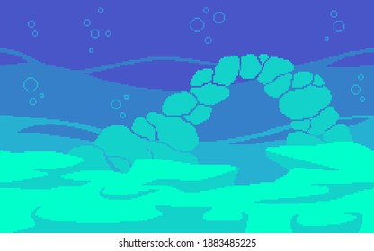 Pixel art game location. Ocean floor with stones and corals. 8-bit retro style backdrop. Seamless vector background.