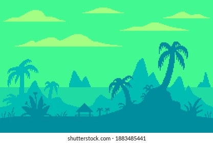 Pixel art game location. Palm trees on a tropical island. 8-bit retro style backdrop. Seamless vector background.