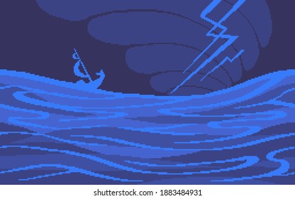 Pixel art game location. Thunderstorm at sea. 8-bit retro style backdrop. Seamless vector background.