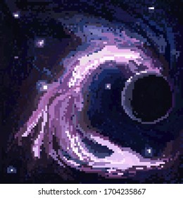 Pixel art game location. Vector illustration with cosmic area and lightning planets