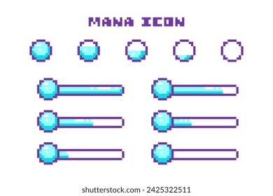 Pixel Art Spiel Mana Bar Fortschritt und Mana Ball Icons Set. 8 Bit Retro Computervideospiel UI HUD hellblaue Elemente für Statusanzeige und Animation. 